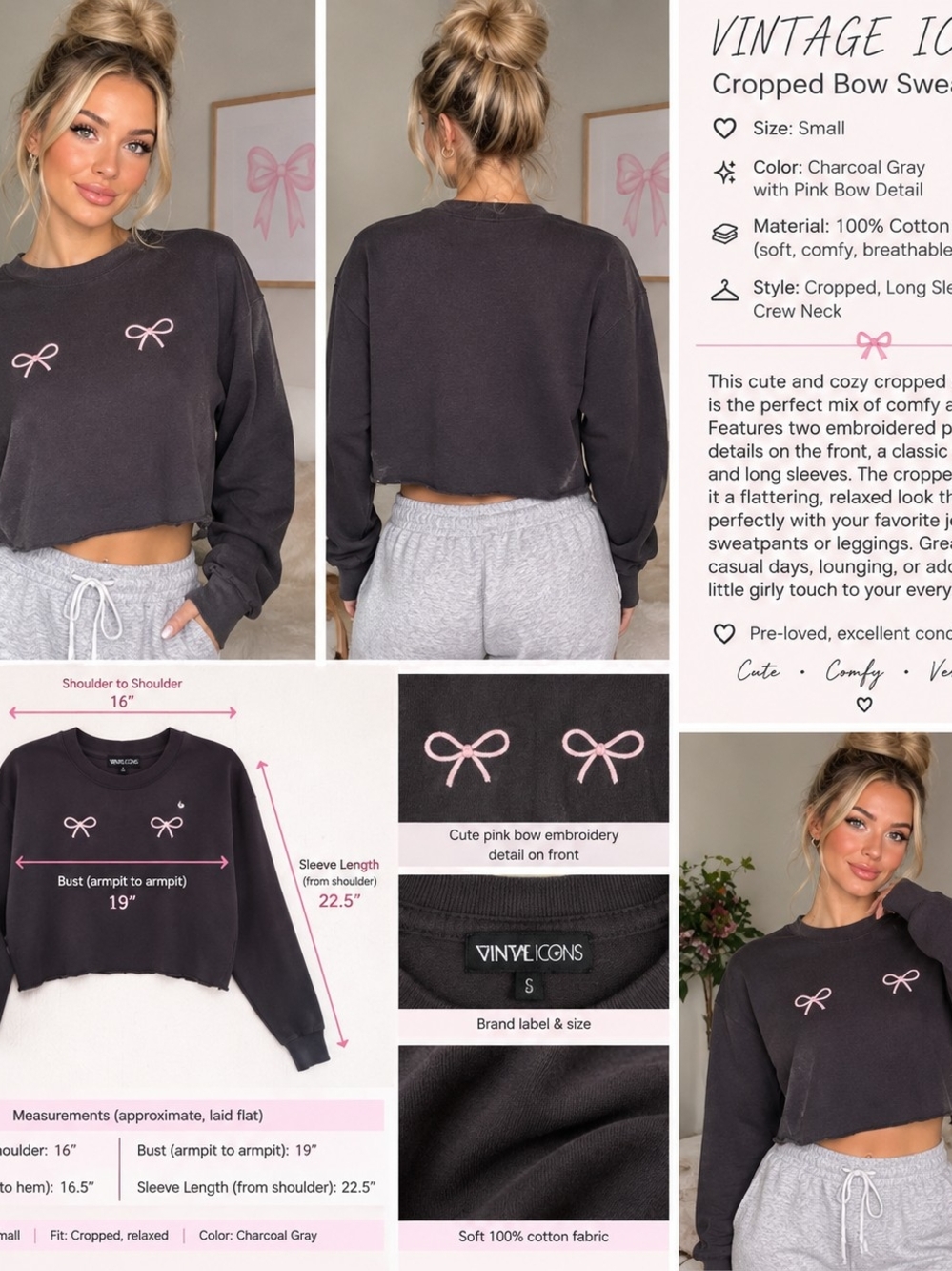Cropped Charcoal Gray Sweatshirt with Pink Bow Embroidery